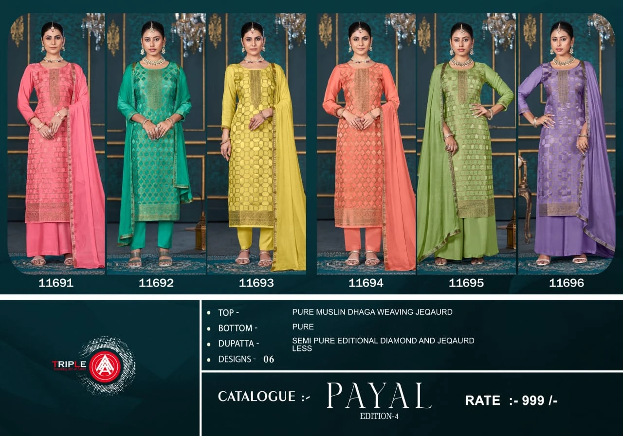 Triple Payal Edition 4 Pure Muslin Wholesale Fancy Salwar Suit Catalog — Wholesale Salwar Suits, MPA wholesale from Surat — view 7